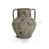 The LuxenHome Rustic Mottled Grey Terracotta Urn Vase has amphora-style handles, measures 12.1 inches in height, and features a weathered appearance with muted earthy tones, epitomizing rustic design.