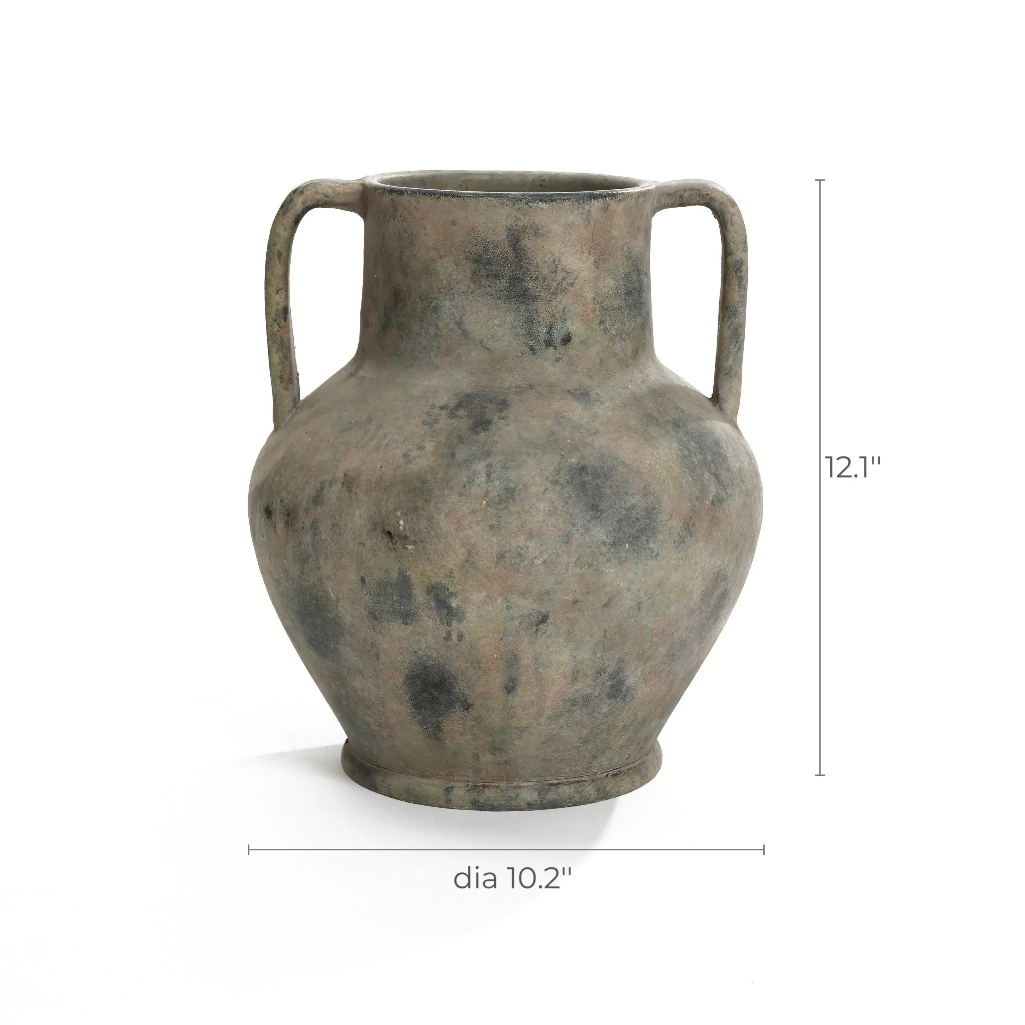 The LuxenHome Rustic Mottled Grey Terracotta Urn Vase has amphora-style handles, measures 12.1 inches in height, and features a weathered appearance with muted earthy tones, epitomizing rustic design.