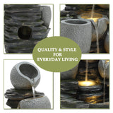 3-Tier Gray Pots on Stacked Rocks Polyresin Outdoor Water Fountain with Lights and Gray Side Planter - LuxenHome