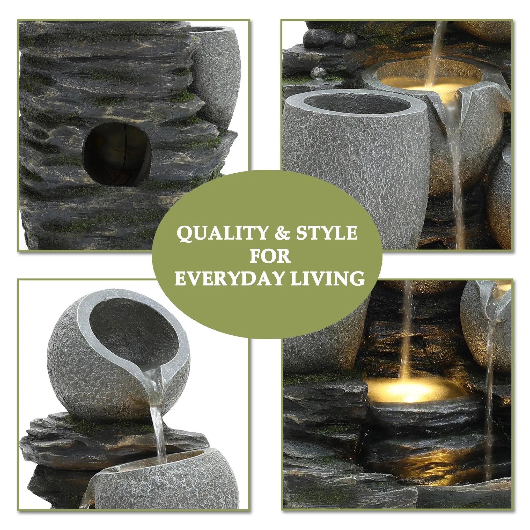 3-Tier Gray Pots on Stacked Rocks Polyresin Outdoor Water Fountain with Lights and Gray Side Planter - LuxenHome