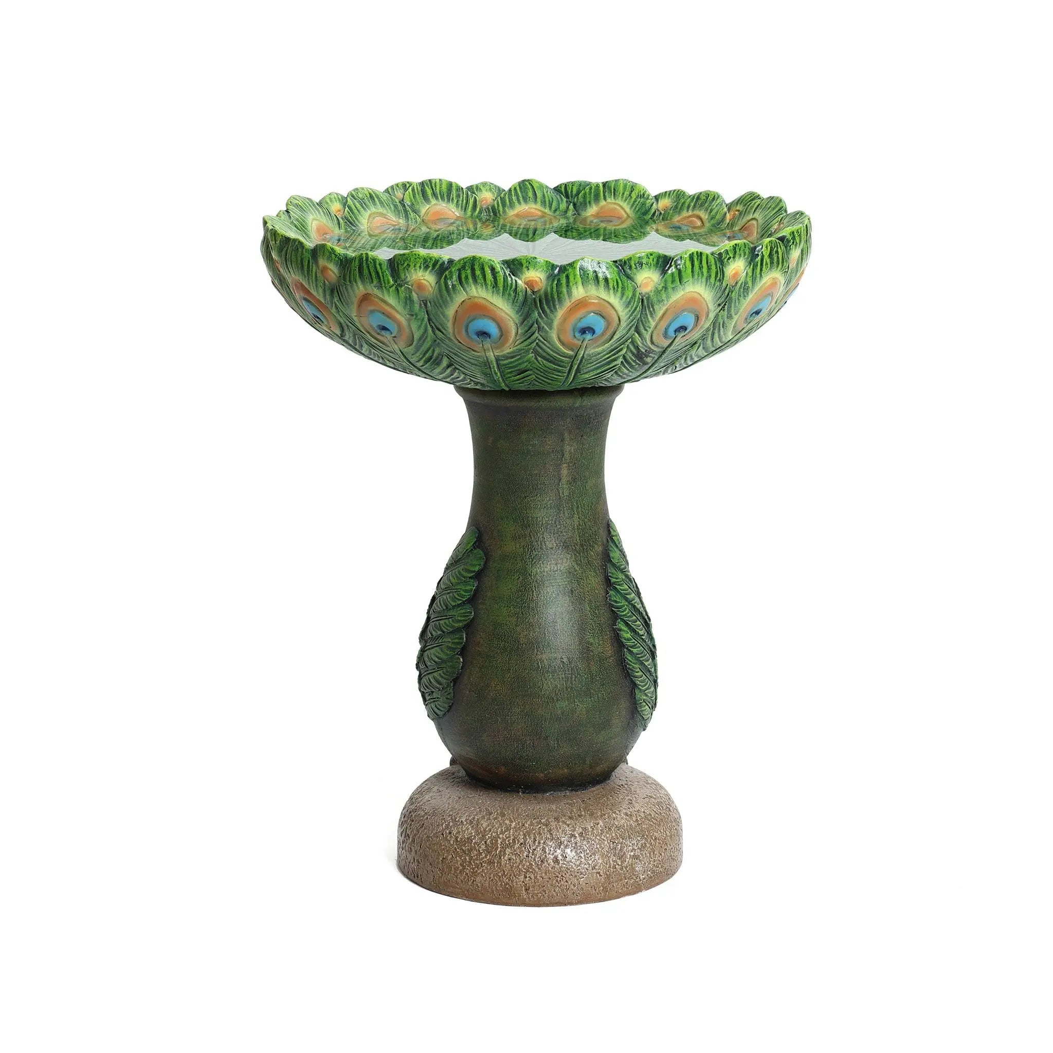 The Peacock Resin Birdbath features an exquisite design of green and brown with a peacock feather motif on the bowl and base. This stunning piece stands proudly in any outdoor space, resting elegantly on a textured round pedestal.
