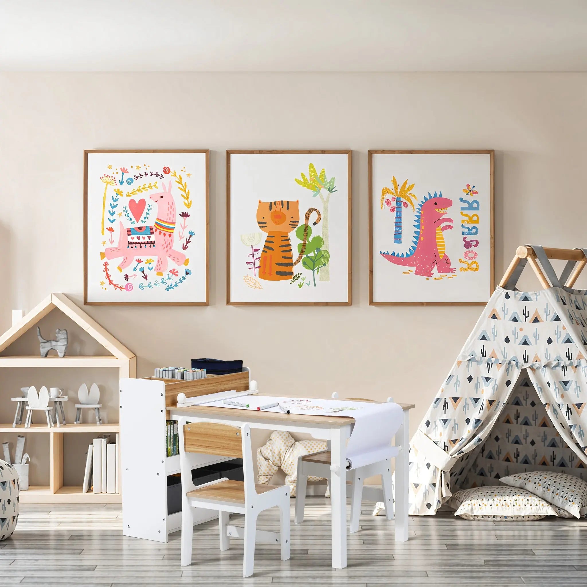 A cozy childrens playroom featuring a LuxenHome Childrens Play Table with Bookcase and 2 Chairs Set, a play tent, and a wooden dollhouse. Colorful framed animal prints decorate the walls, while light wood flooring complements the neutral decor and playful accents in this delightful space.
