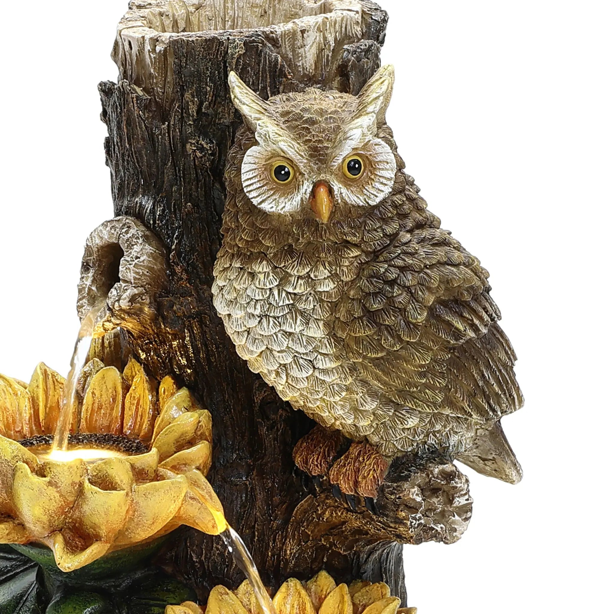 Sunflower and Owl Polyresin Outdoor Water Fountain with Lights - LuxenHome