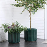 Two LuxenHome Jade green ribbed glazed round ceramic planters, 13 inches high, sit on a dark floor against white paneled walls. The left planter overflows with lush foliage and purple flowers, while the right holds a slender tree with translucent green leaves, crafting a modern plant paradise.