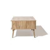 A wooden coffee table with angled legs and dual-side storage, set against a white background.