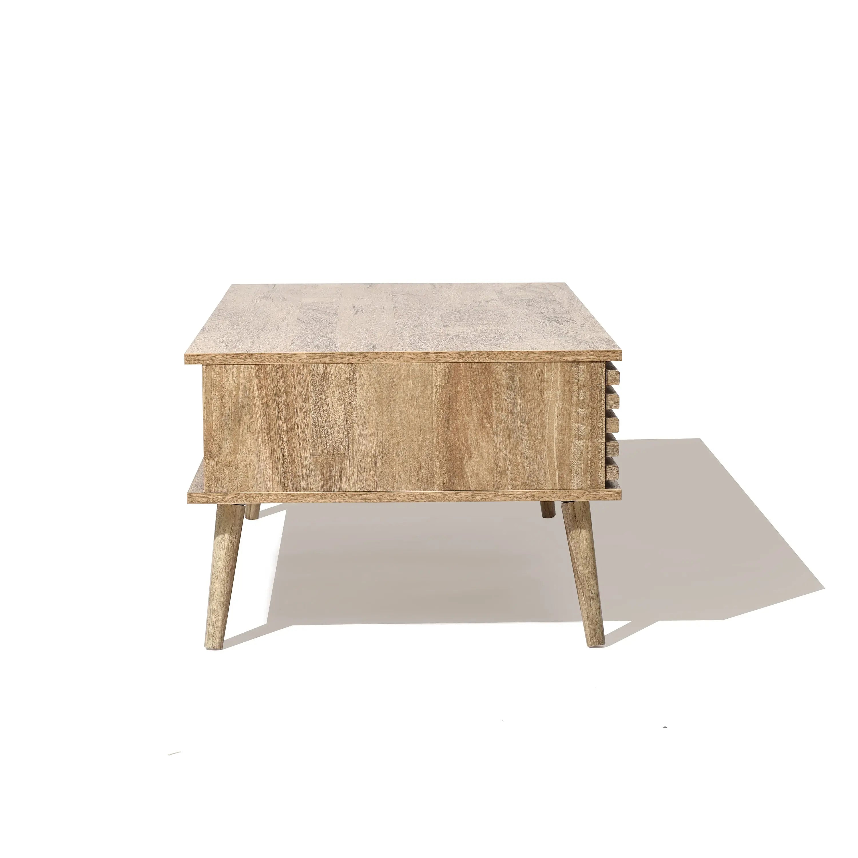 A wooden coffee table with angled legs and dual-side storage, set against a white background.