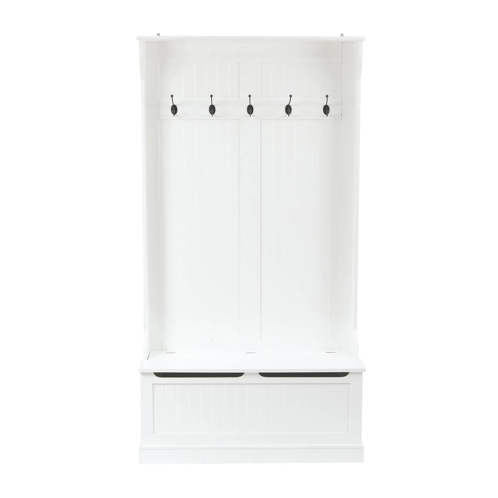 A white hall tree with five black coat hooks and a bench seat, this stylish storage bench features two spacious compartments underneath.