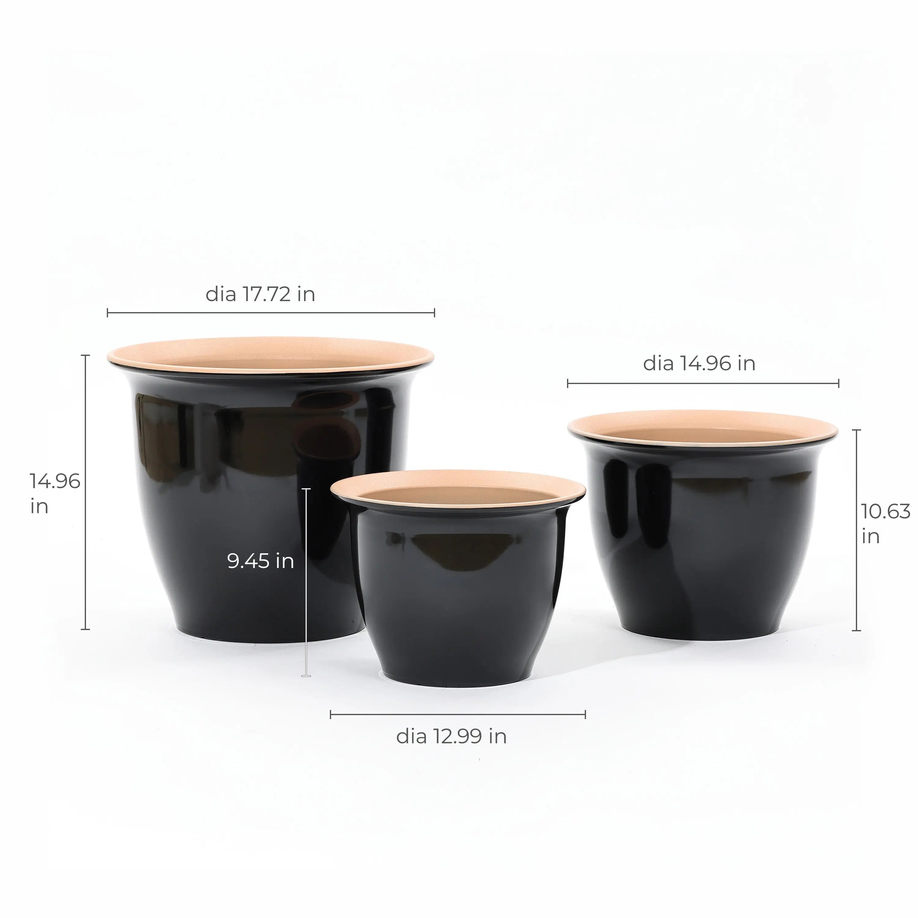 This decorative set features three glossy black planter pots of varying sizes, each labeled with dimensions for both indoor and outdoor use.