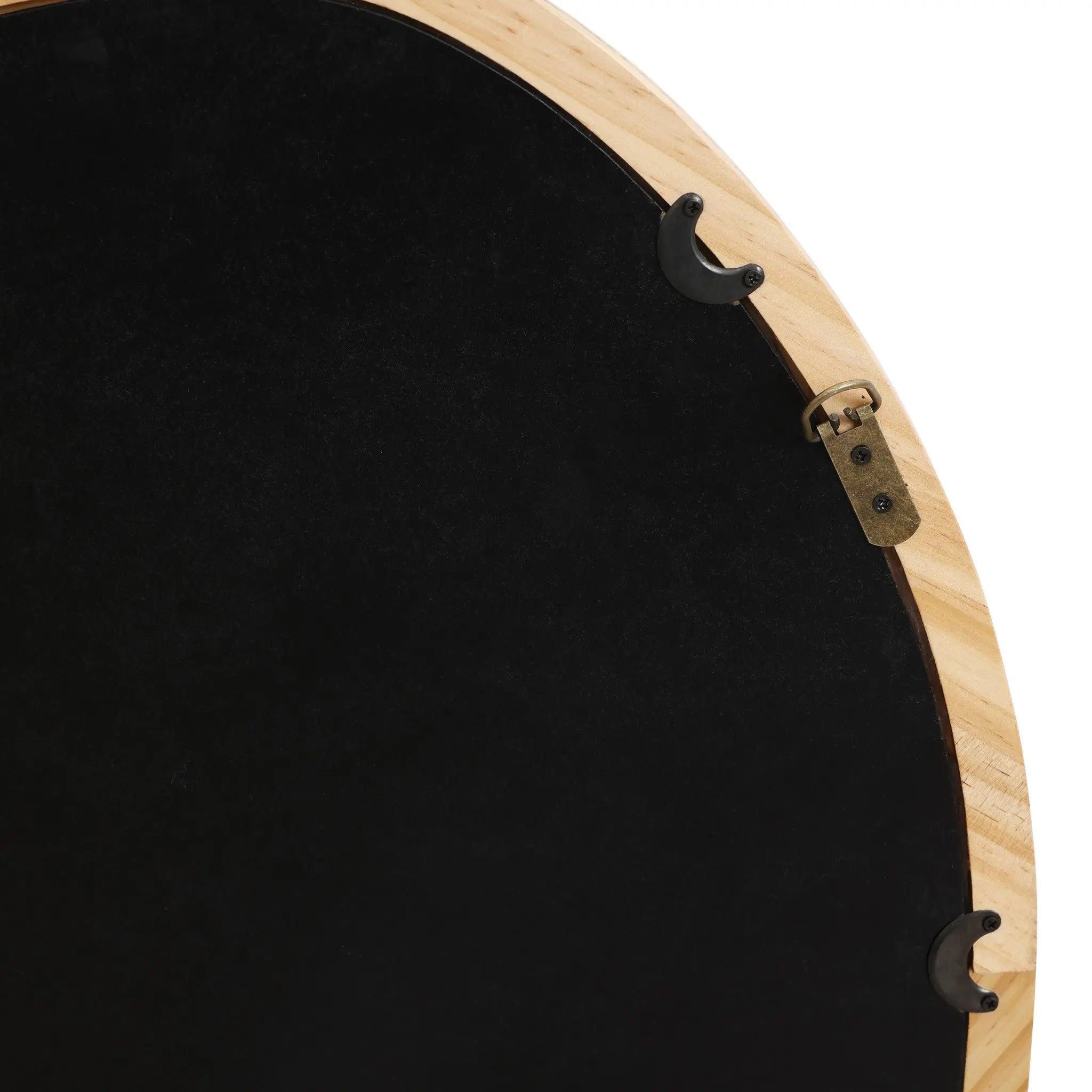 Close-up view of a round natural pine frame back with black backing and metal clasps for holding, perfect for adding a touch of elegance to your home decoration.