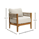 A wooden-framed Rope Sides Armchair with light-colored, weather-resistant cushions and detailed rope accents; dimensions are 30.71 H, 29.13 W, 29.53 D, and 24.61 arm height—ideal for stylish comfort indoors or out.
