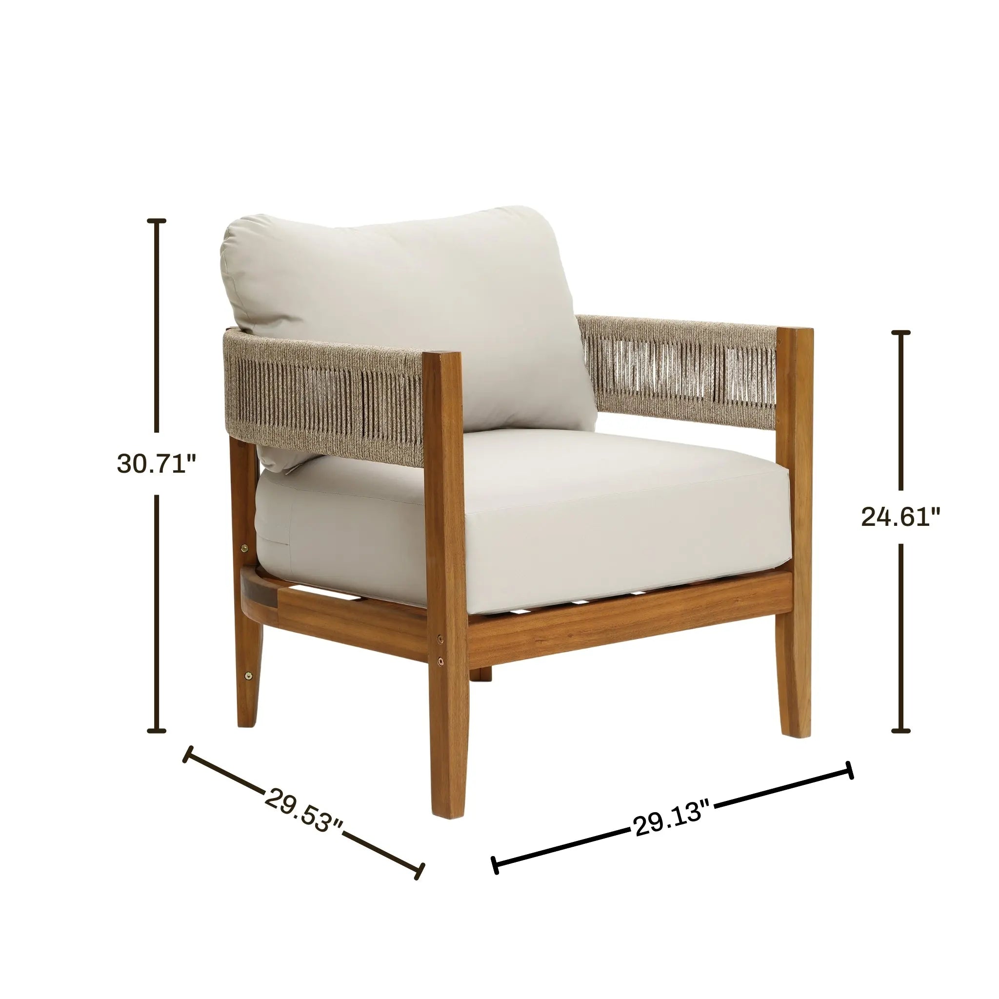 A wooden-framed Rope Sides Armchair with light-colored, weather-resistant cushions and detailed rope accents; dimensions are 30.71 H, 29.13 W, 29.53 D, and 24.61 arm height—ideal for stylish comfort indoors or out.