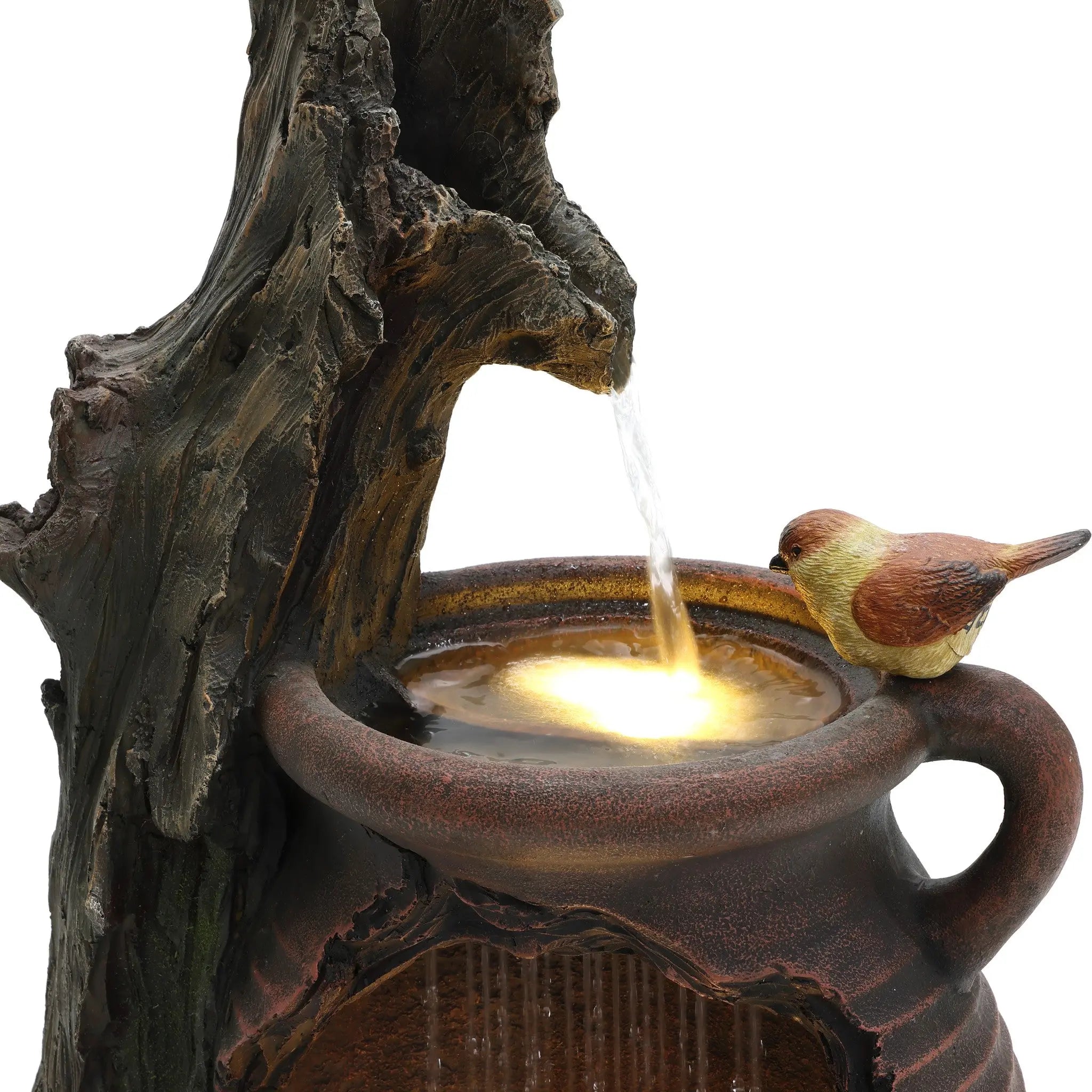 Rain barrel with tree and birds polyresin outdoor water fountains with light - LuxenHome