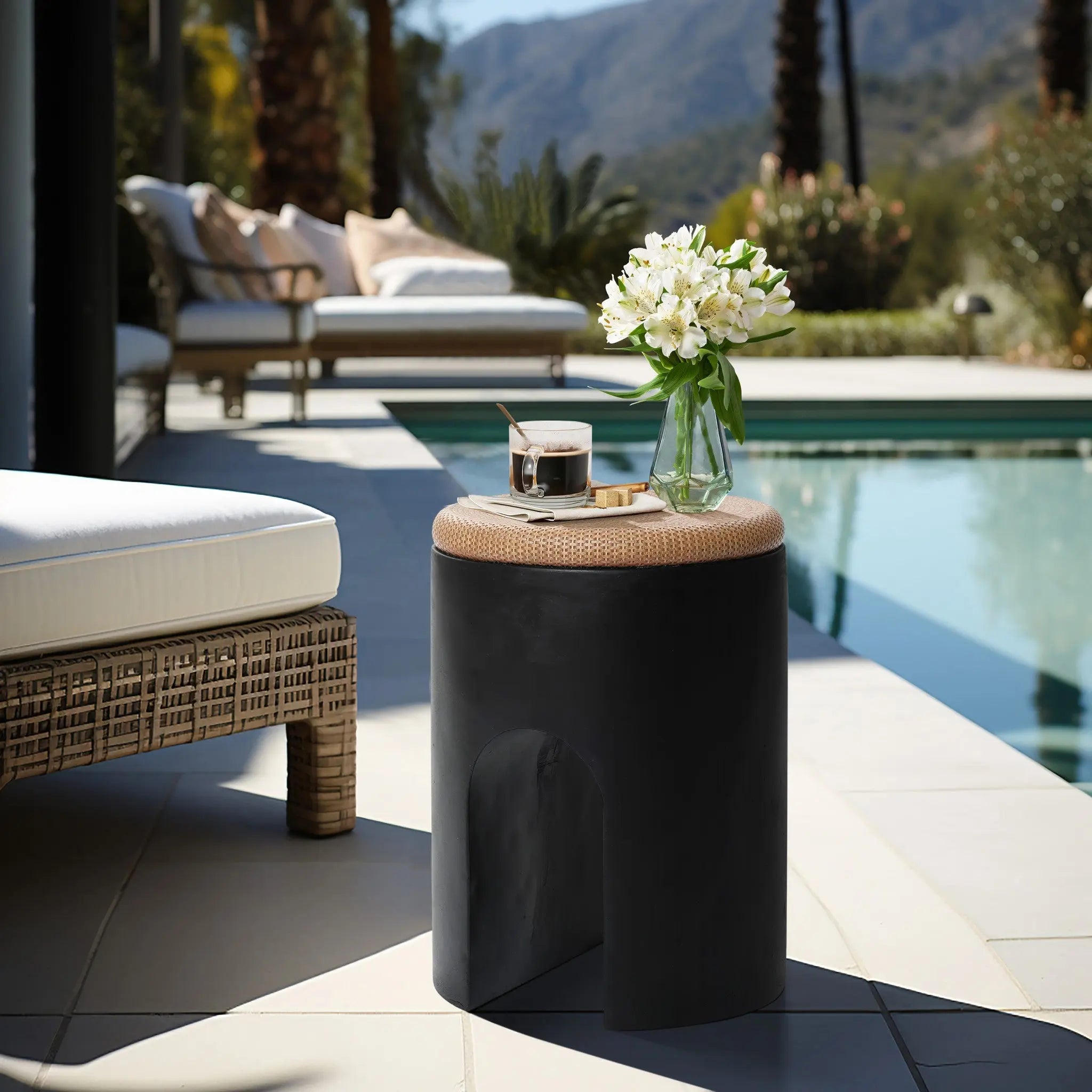 Black with Natural Rattan Finish Cement U-Shaped Base Outdoor Patio Side Table - LuxenHome
