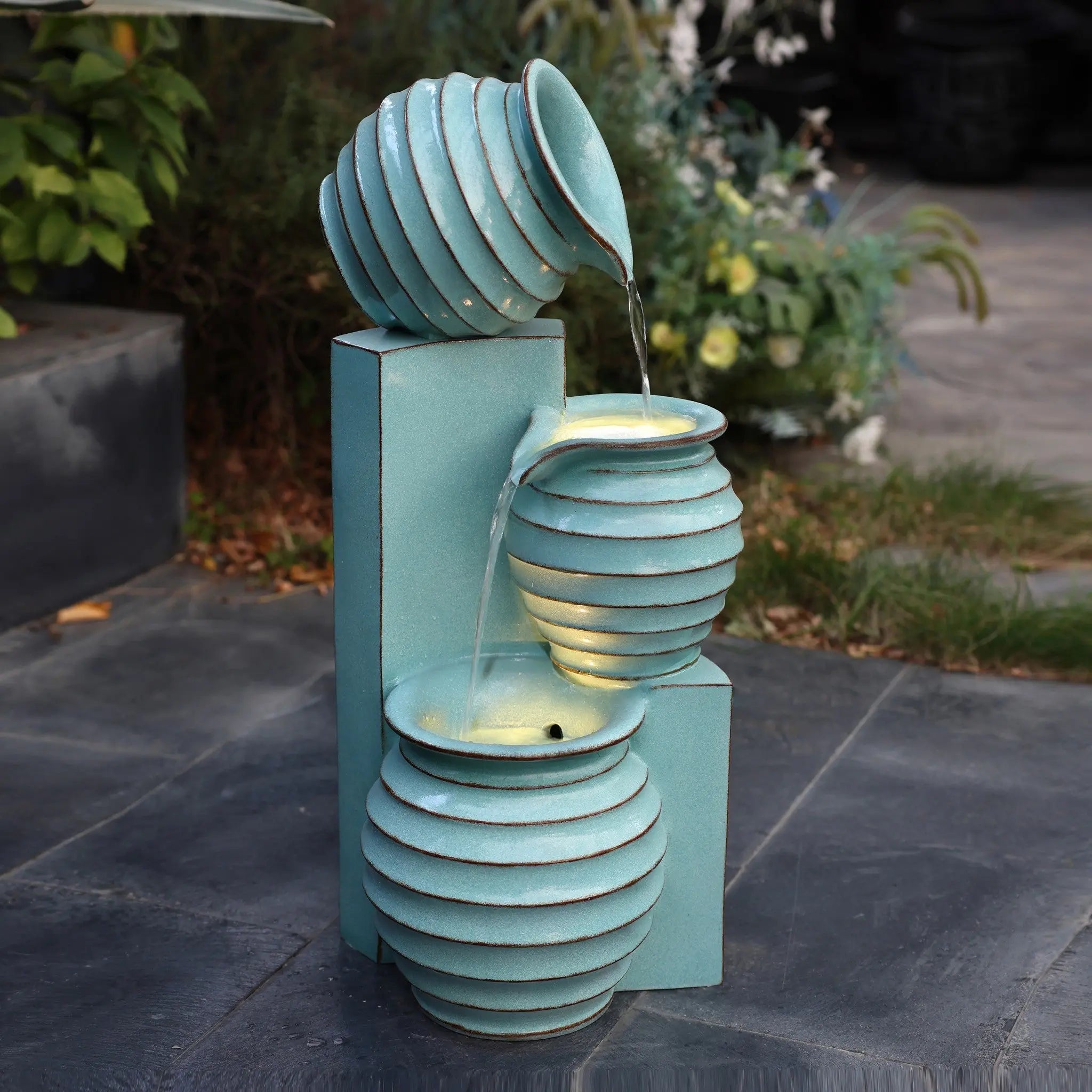 Aqua Blue 3-Tier Bowls Polyresin Outdoor Water Fountain with Lights - LuxenHome
