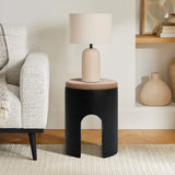 Black with Natural Rattan Finish Cement U-Shaped Base Outdoor Patio Side Table - LuxenHome