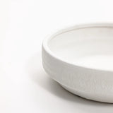 Close-up of a white terracotta vase with a textured exterior surface, reminiscent of a round bowl, set against a plain white backdrop.