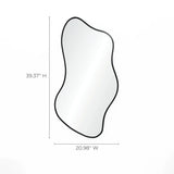 This asymmetrical mirror features a sleek black frame and embodies modern minimalism. Its dimensions are 39.37 inches in height and 20.98 inches in width, making it a striking yet subtle addition to any space.