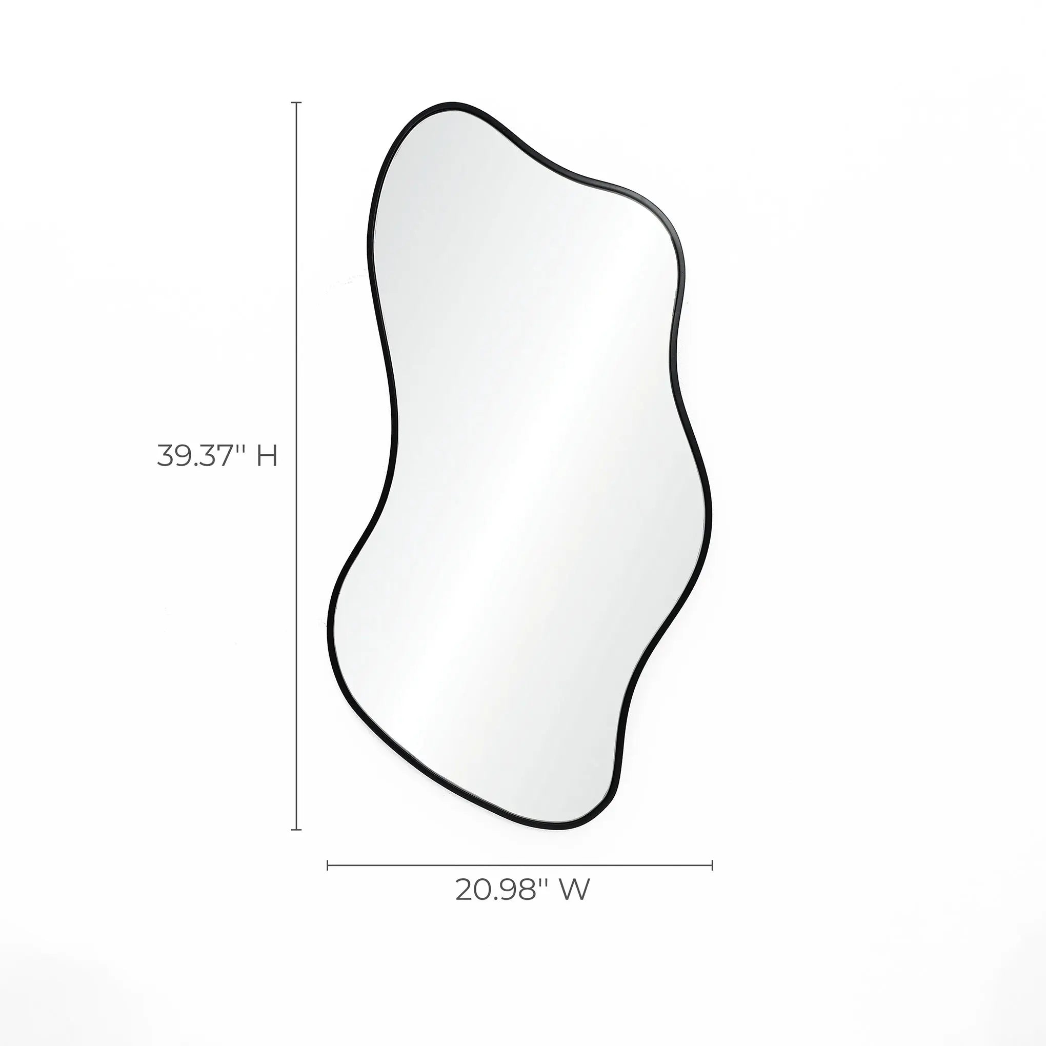 This asymmetrical mirror features a sleek black frame and embodies modern minimalism. Its dimensions are 39.37 inches in height and 20.98 inches in width, making it a striking yet subtle addition to any space.