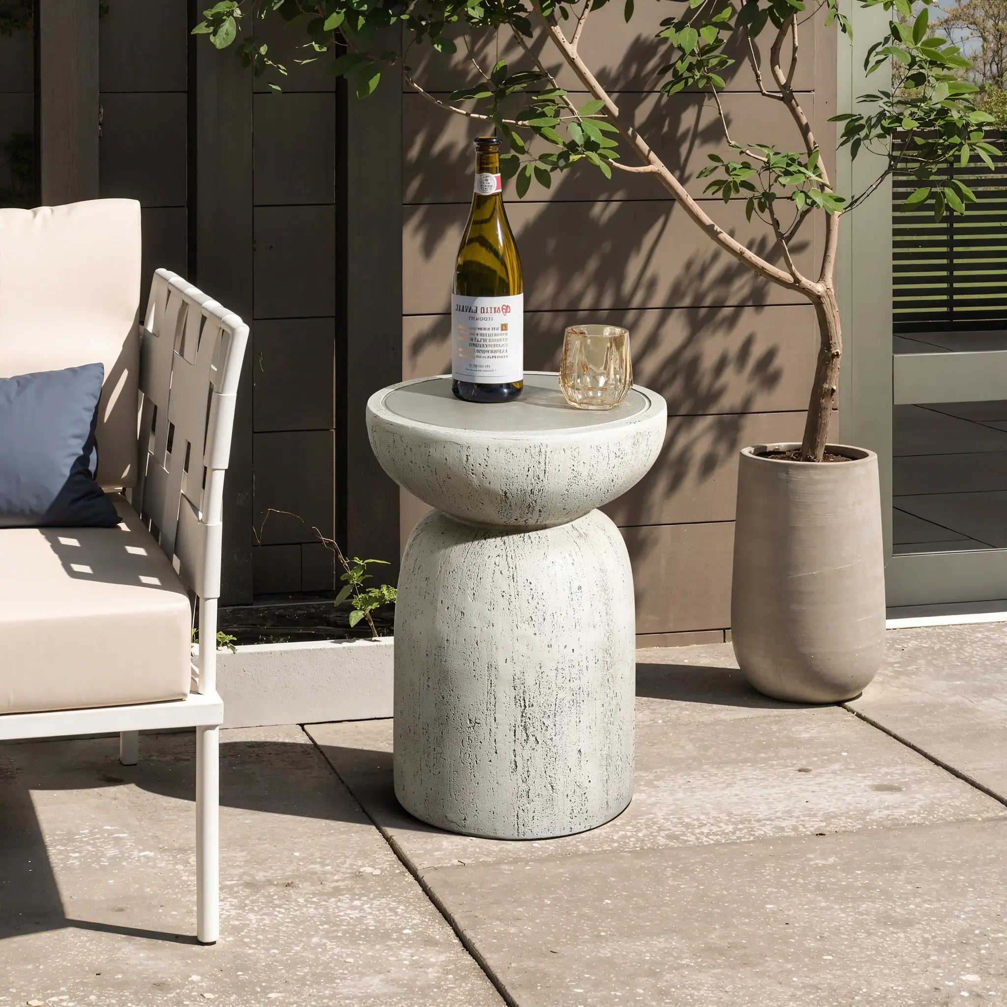outdoor table for potted plants Rustic Off White and Gray Round MgO Side Table, Indoors and Outdoors