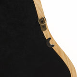 A close-up of a wooden frame corner crafted from natural pine wood with a black backing. A metal hook is attached, and a small, irregular oval-shaped moon object adds a touch of decorative statement.