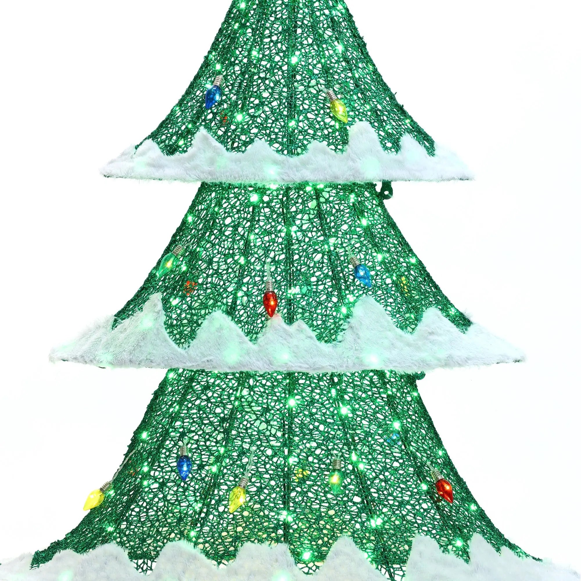 Close-up of a decorative Christmas tree adorned with colorful LED lights and a green netting, complemented by white trim resembling snow, perfect for holiday decor.