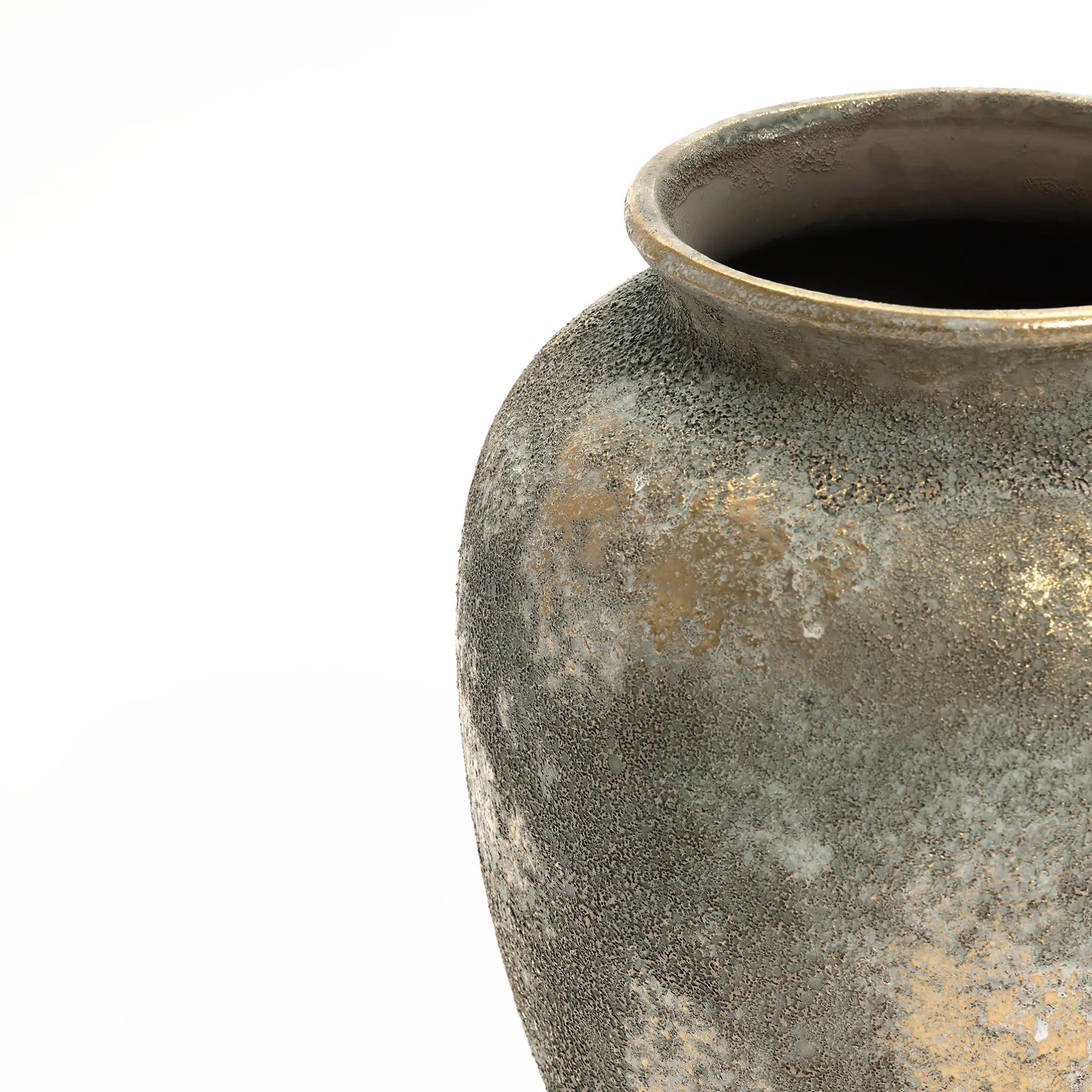 This 13.6 h Rustic Gold and Brown Terracotta Urn Vase from LuxenHome features a wide, rounded body and a slightly flared rim with an antique-distressed surface, displaying patches of darker and lighter shades that enhance its rustic charm for any home decor.