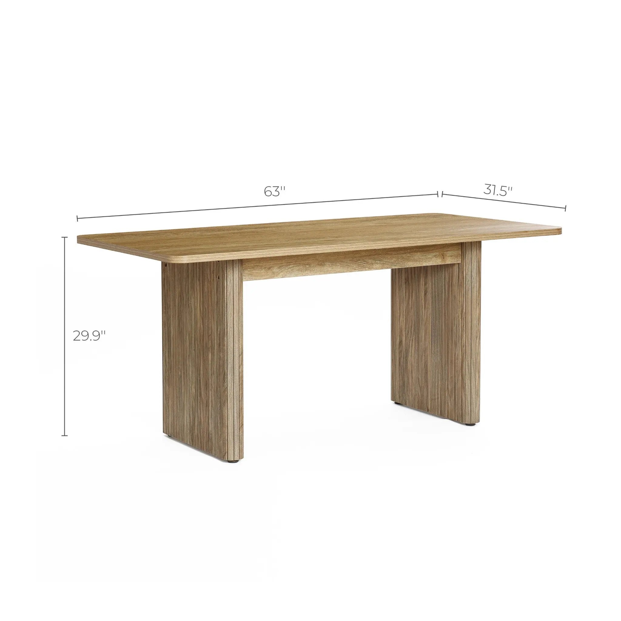 The LuxenHome Aria dining table, designed for six, is 63 inches wide with a natural wood finish. Its rectangular shape and two broad vertical legs add minimalist appeal, making it versatile for various interior decors.
.