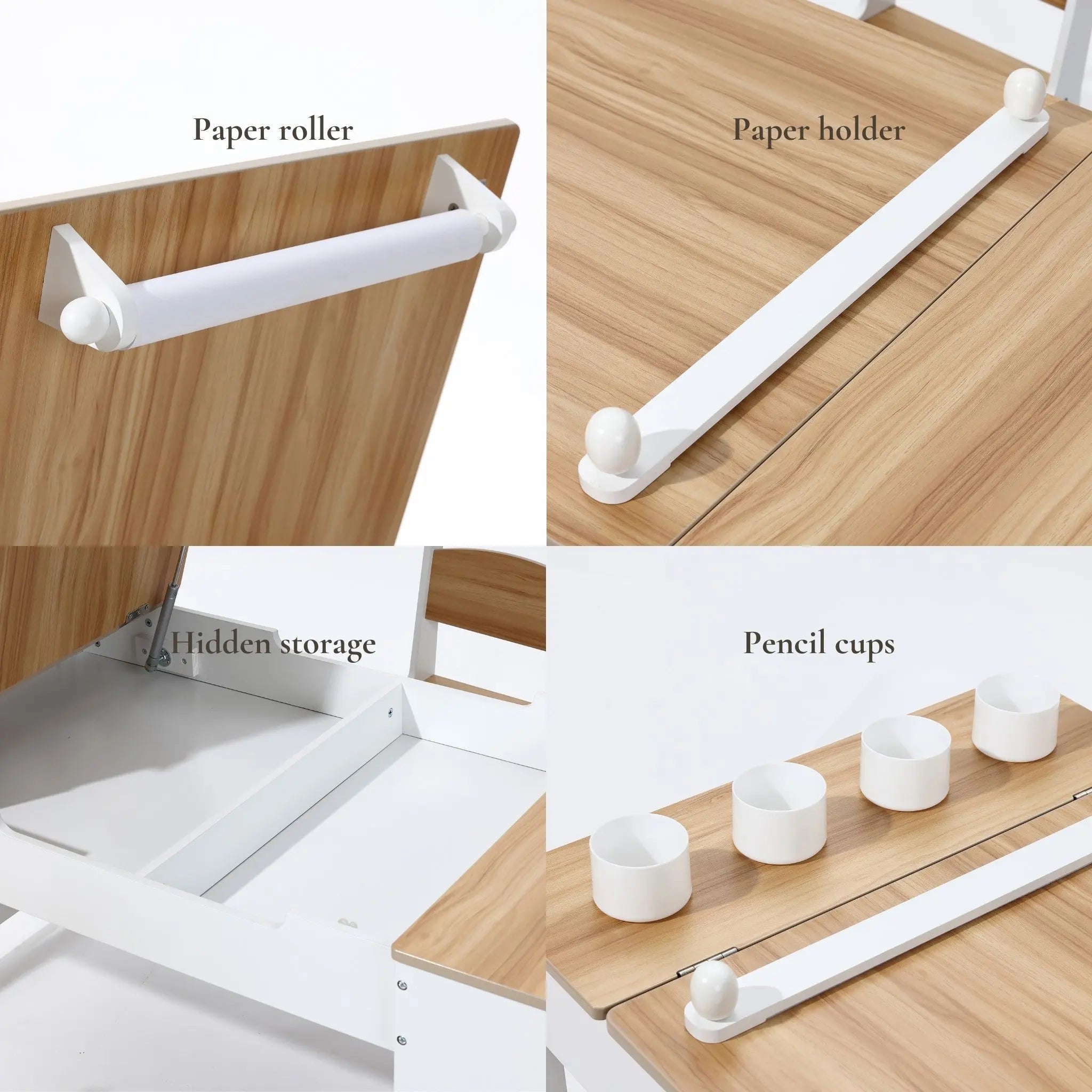 Activity Children Table with Storage Bookcase and 2 Chairs Set featuring paper roller, paper holder, hidden storage compartment, and white pencil cups mounted on wooden surface. Close-up view showing functional details and accessories for creative activities.