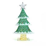 A decorative Christmas tree with a star topper, green branches, white trimming, and vibrant LED lights on a wooden base is the perfect holiday decor.