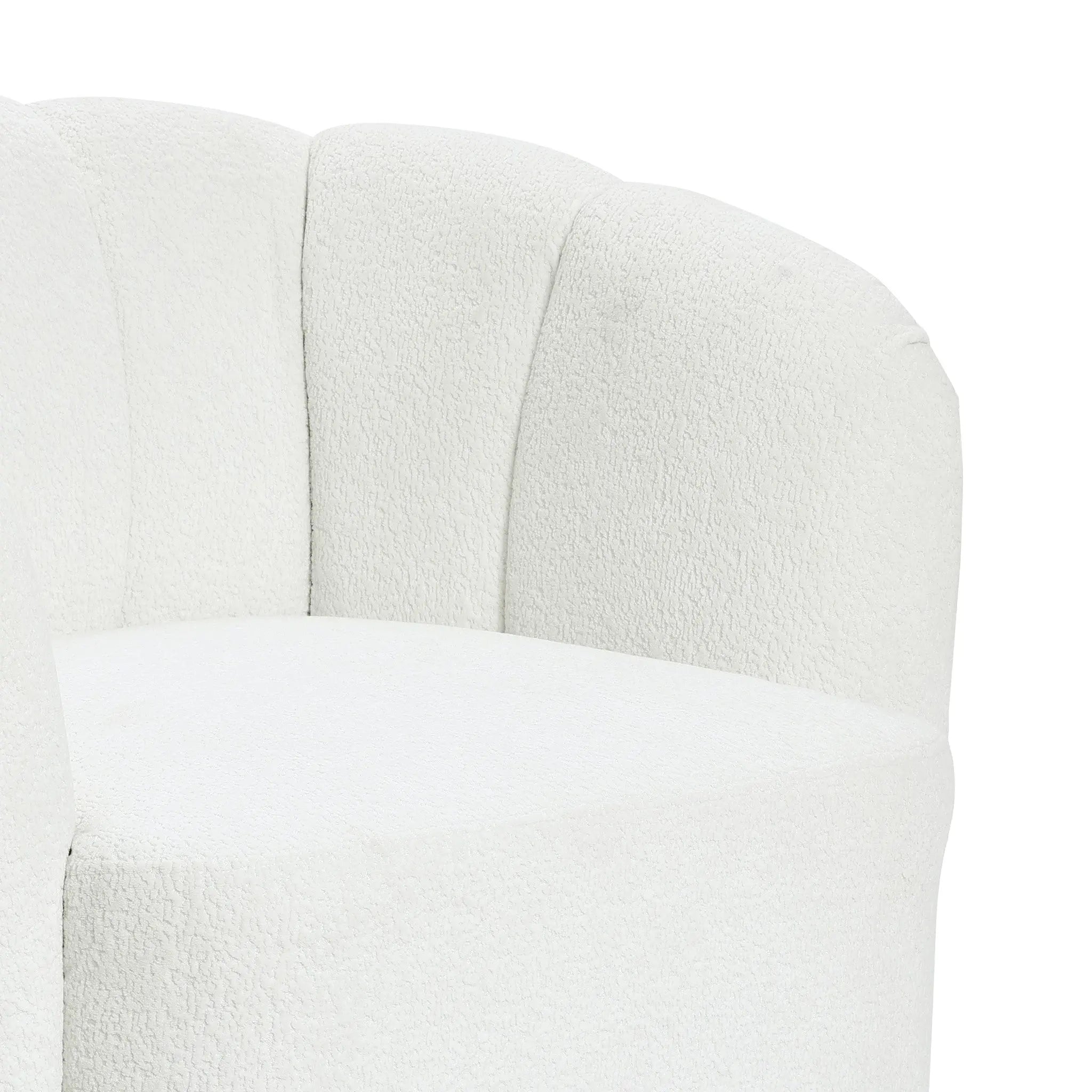 The LuxenHome Amber ivory boucle swivel barrel accent chair showcases a plush, modern design with a rounded backrest and soft, textured upholstery in ivory boucle. Its gentle curves and minimalist style make it perfect for contemporary spaces.