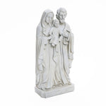 A marble-like polyresin statue depicting the Holy Family: a man and woman cradling a child. The intricately detailed figures, dressed in flowing robes, stand closely on a rectangular base, perfect for enhancing your religious decor.