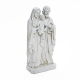 A marble-like polyresin statue depicting the Holy Family: a man and woman cradling a child. The intricately detailed figures, dressed in flowing robes, stand closely on a rectangular base, perfect for enhancing your religious decor.