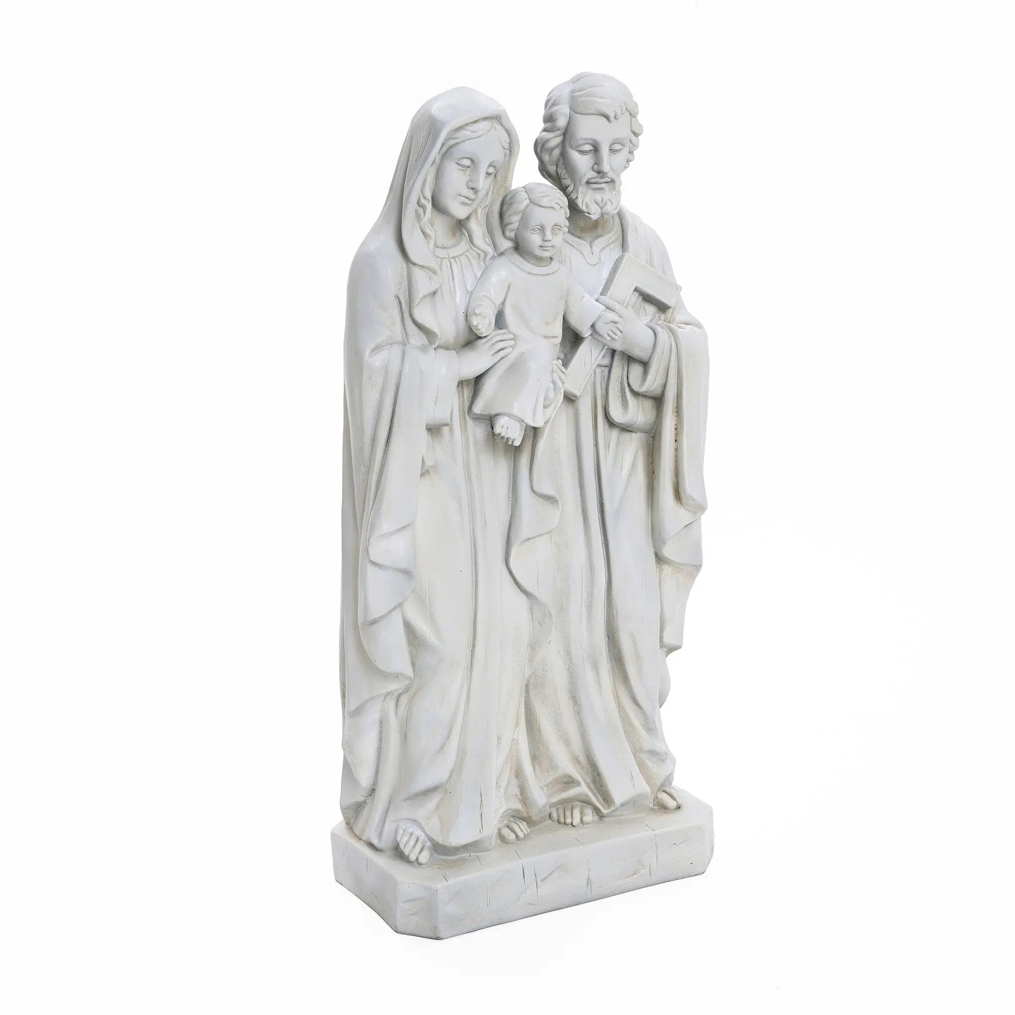 A marble-like polyresin statue depicting the Holy Family: a man and woman cradling a child. The intricately detailed figures, dressed in flowing robes, stand closely on a rectangular base, perfect for enhancing your religious decor.