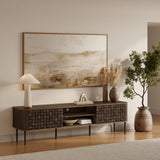 Mid-century modern wooden sideboard with a textured front offers ample storage,  complete the stylish setup.