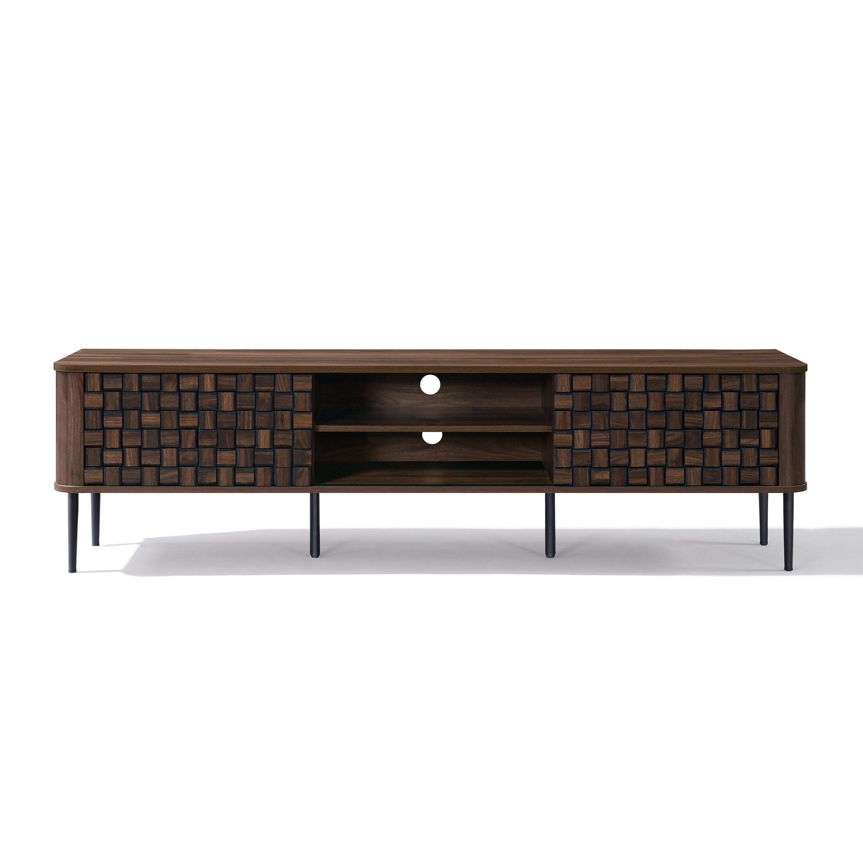 Mid-century modern TV console table featuring a dark wood checkered pattern on the side doors, open shelves in the center.