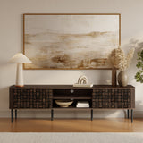 Dark wood TV console table with textured doors and ample storage, above for a refined mid-century modern look.