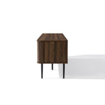 Side view of a mid-century modern wooden cabinet with a dark finish and four black legs.