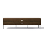 Modern wooden TV console table with two drawers, central cable management holes, offers ample storage .