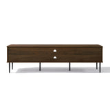 Modern wooden TV console table with two drawers, central cable management holes, offers ample storage .