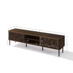 Rectangular wooden TV console table labeled size in inches for overall and shelf measurements.