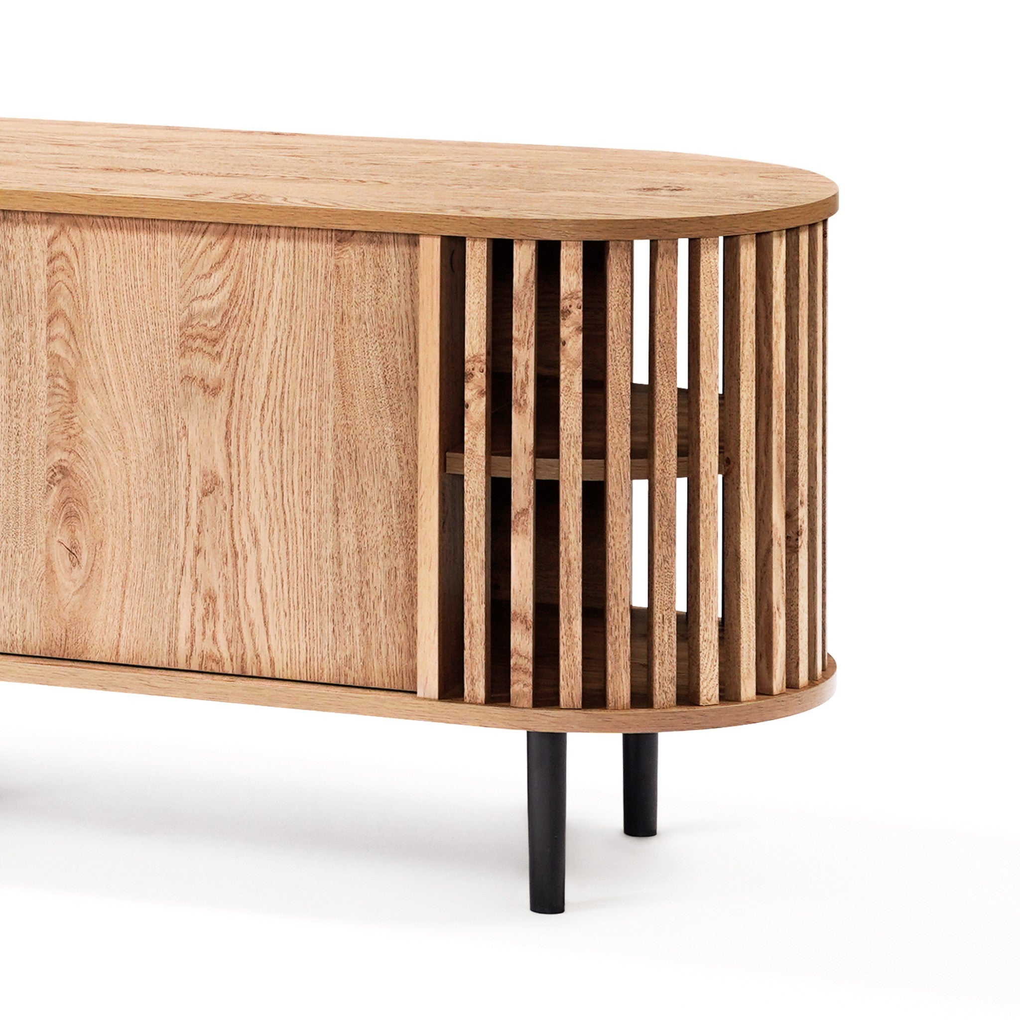 Mid-century modern TV cabinet with an oval shape, featuring slatted sides and a smooth surface. The light wood grain finish beautifully contrasts the black metal legs, while its sleek sliding door design adds both style and functionality.