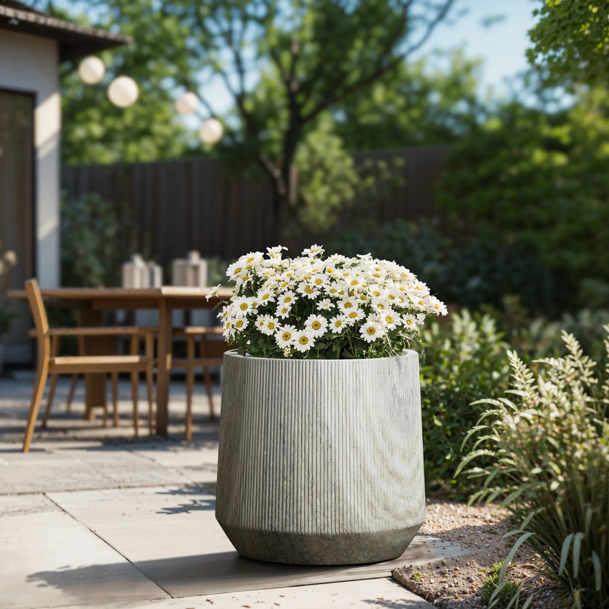 A large gray planter, featuring a marble ribbed texture and blooming white daisies, rests on the patio. In the background, an outdoor table and chairs are nestled among lush greenery and trees.