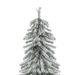 A snow-frosted artificial Christmas tree with lifelike PVC branches stands against a white background, evoking a winter wonderland.