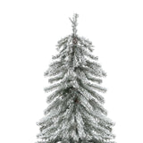 A snow-frosted artificial Christmas tree with lifelike PVC branches stands against a white background, evoking a winter wonderland.