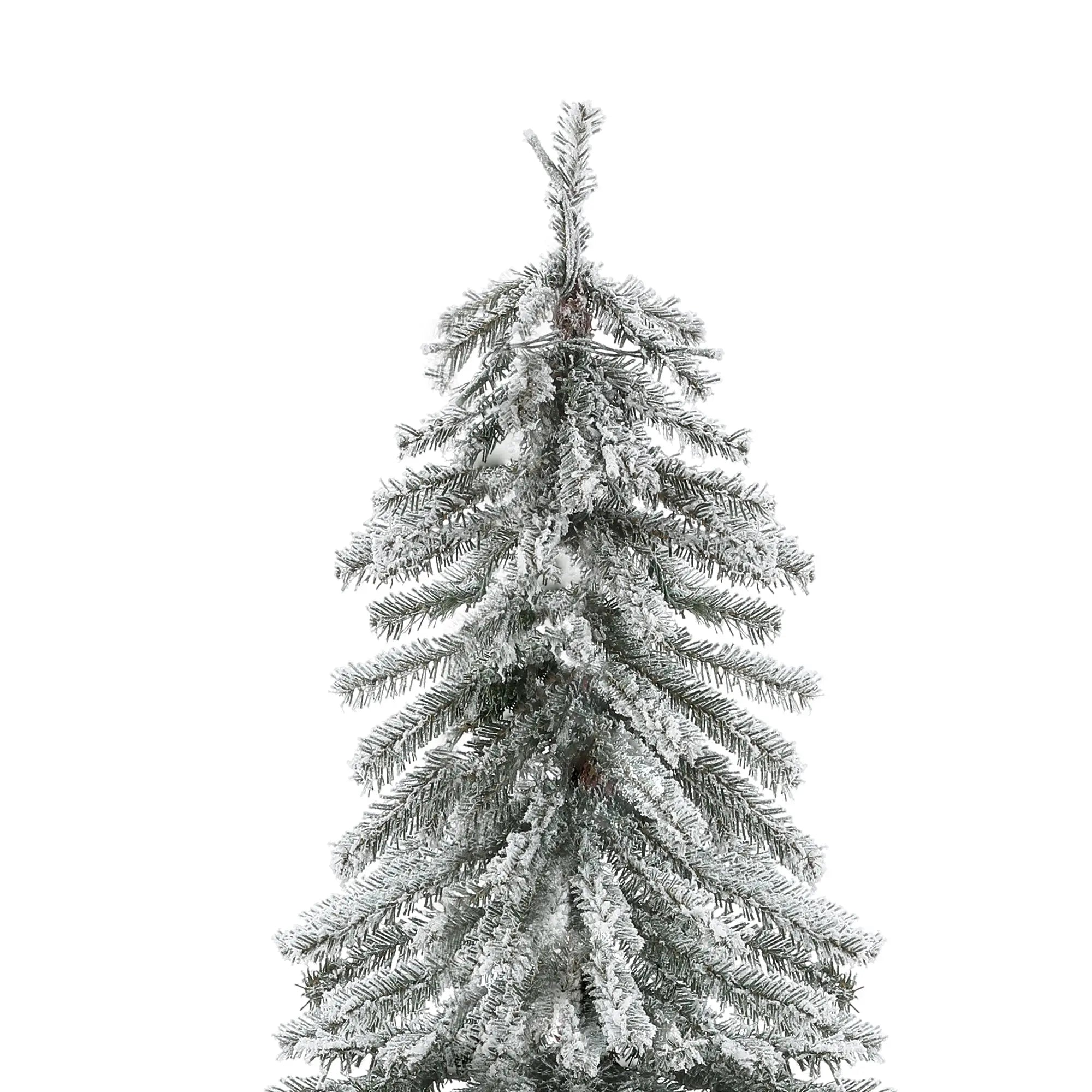 A snow-frosted artificial Christmas tree with lifelike PVC branches stands against a white background, evoking a winter wonderland.