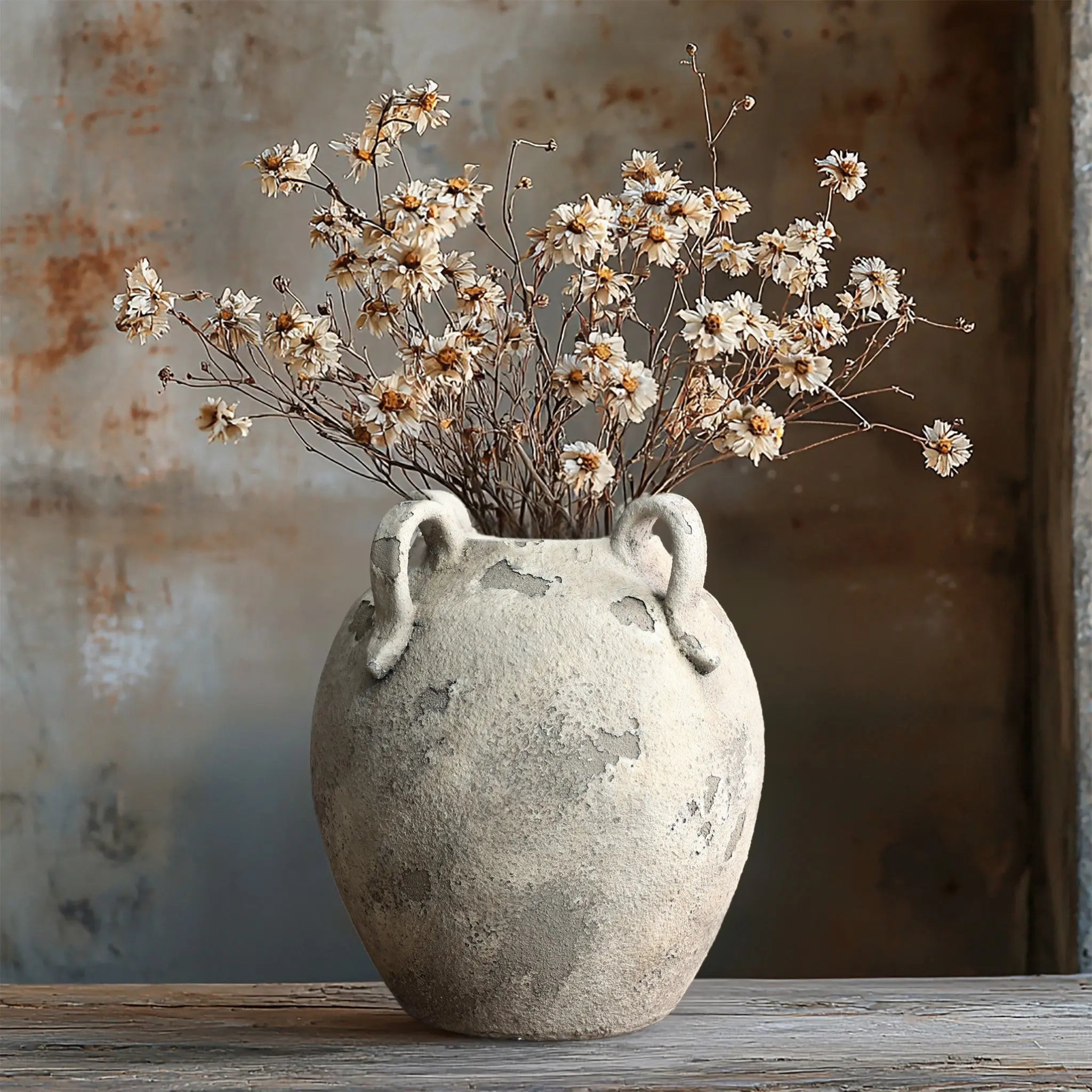 A LuxenHome rustic gray and white terracotta vase with handles, standing 11 inches high, holds a bouquet of dried white flowers on a wooden surface. The weathered background enhances the contemporary elegance of the vintage scene.