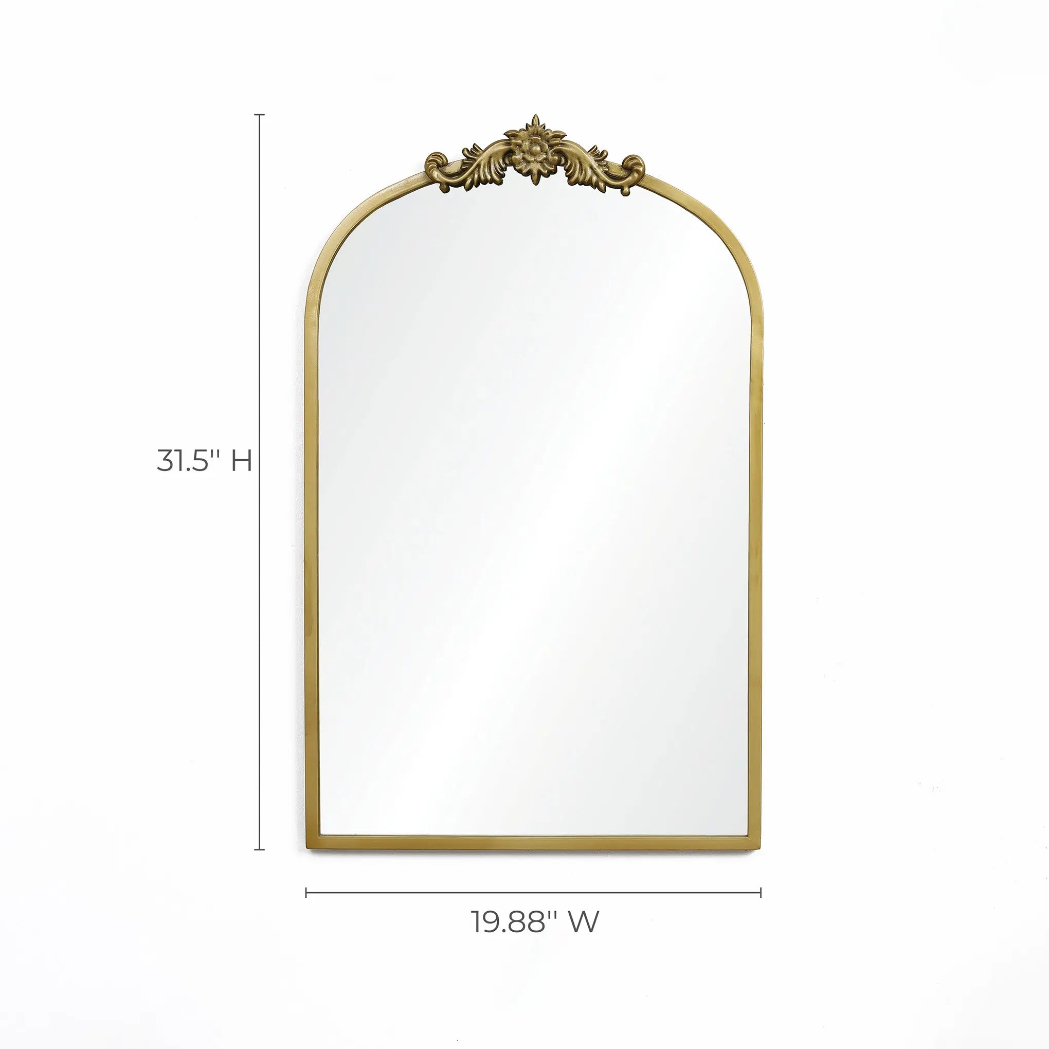 The LuxenHome Rêverie mirror features a vertical arch with an intricate vintage gold metal frame and decorative top. This stunning wall decor piece measures 31.5 inches high and 19.88 inches wide.