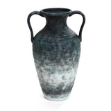 LuxenHomes 18.5 tall, mottled gray ceramic vase features a textured, ancient-style design with two curved handles and a dark green and speckled gray finish, combining minimalist refinement with an aged, rustic appearance.