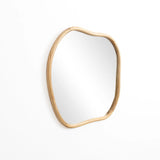 Irregular-shaped wall mirror with a natural pine frame, elegantly mounted on a white wall, perfect for enhancing your home decoration.