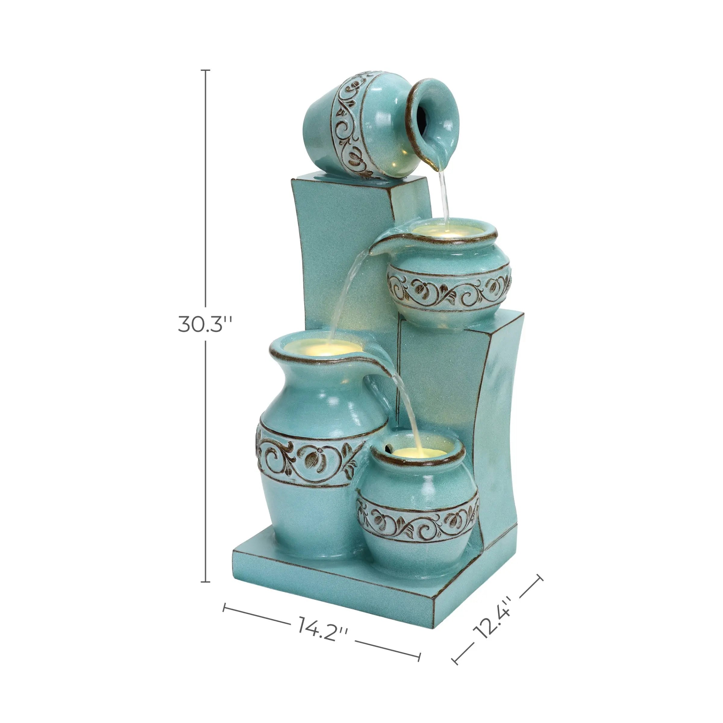 Light blue 4-tier ornate jugs polyresin outdoor water fountain with lights - LuxenHome